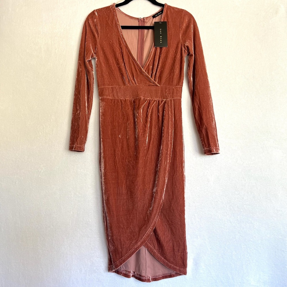 NEW Velvet Long Sleeve Faux Wrap Dress Stretch Pink Rose Party Cocktail Velour M